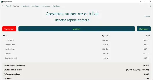 Interface de l'application Recipe Cost 360